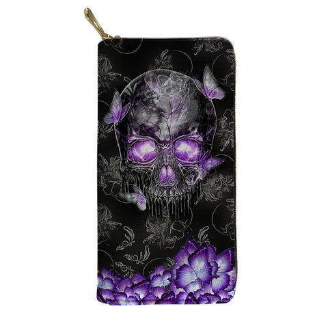 Biyejit Purple Butterfly Skull Print Women Wallet Ladies PU Leather Wallet Coin Zipper Long Purse Credit Cards Female Phone Purse