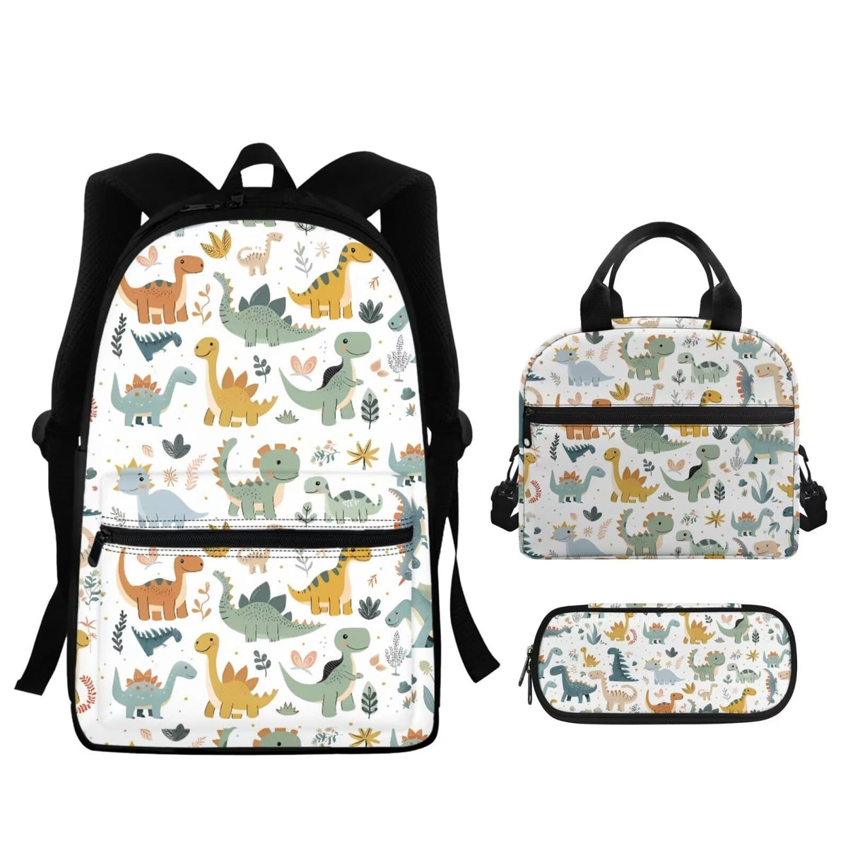 Uppodwarkid Cartoon Dinosaur Leaves Backpack for Boys Girls Large Capacity 3PCS Backpack Set with Lunch Bag Pencil Case Novelty Bookbags for Children Lightweight Backpack 3 in 1 Set for School