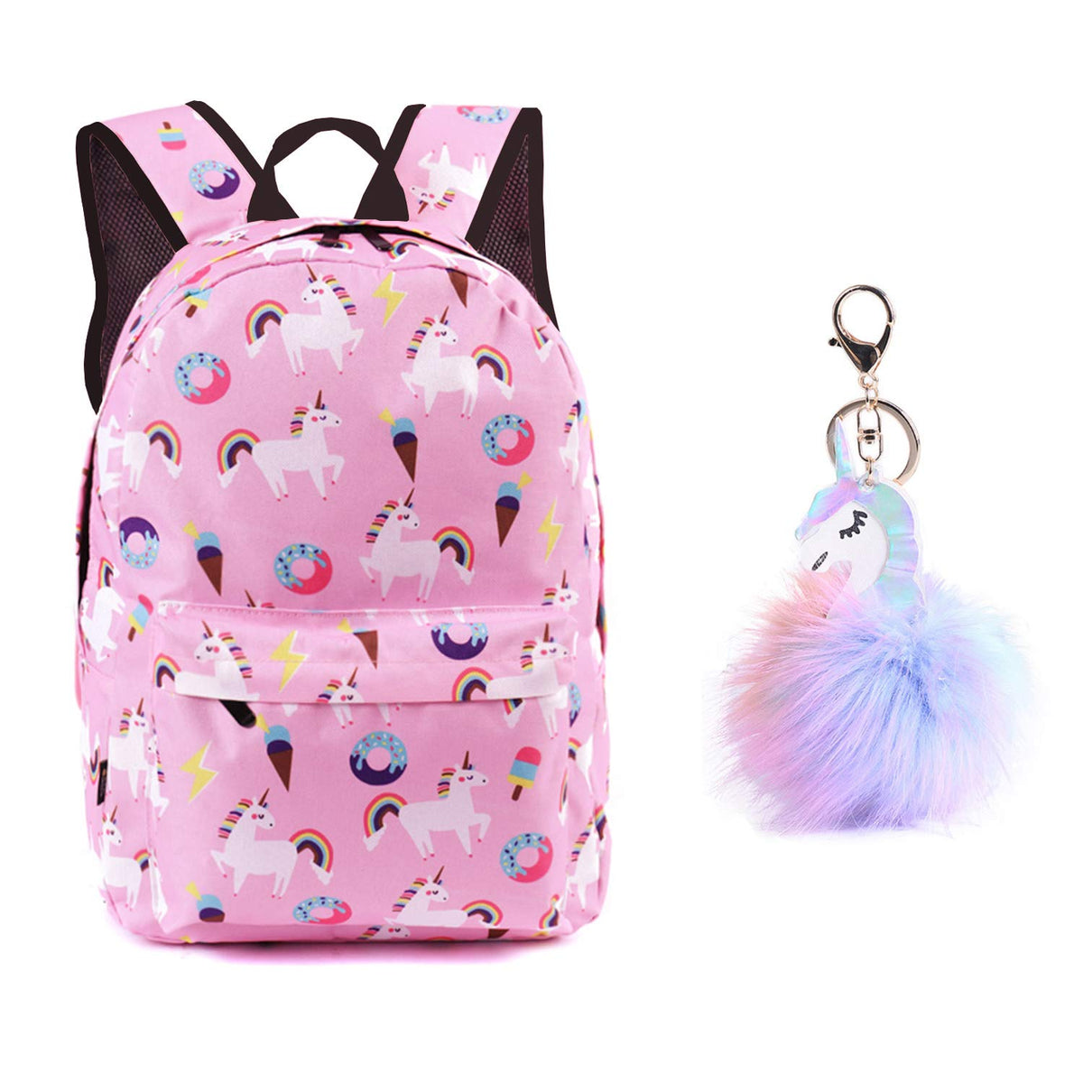 School Bags for Girls Kids Backpack Horse Toddler School Cute Bags Waterproof Lunch Bag with Snack Pencil Bag for Preschool Lightweight Kids School Travel (Pink Rainbow Unicorn with Keychain)