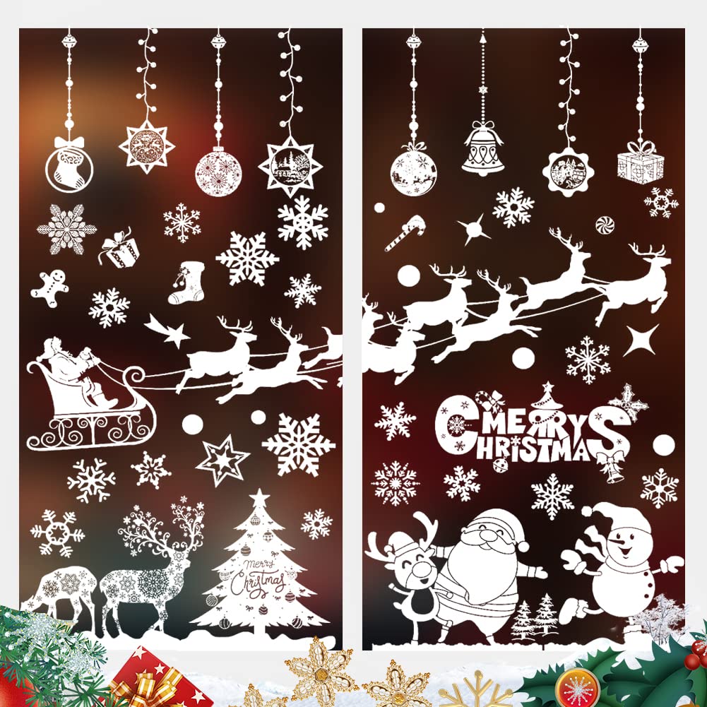 Window Stickers Christmas Self-Adhesive Christmas Window Stickers Reindeer Snowflakes Window Decoration White Static Adhesive PVC for Windows Glass Decoration Christmas Decoration Reusable