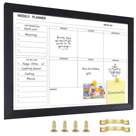 Marribol White Board Weekly Calendar Dry Erase Planner for Wall-14"X10",Black Solid Wood Frame,Minimal/Modern Design, Magnetic Whiteboard Planner for to Do List, Memo, School, Home, Office, Kitchen