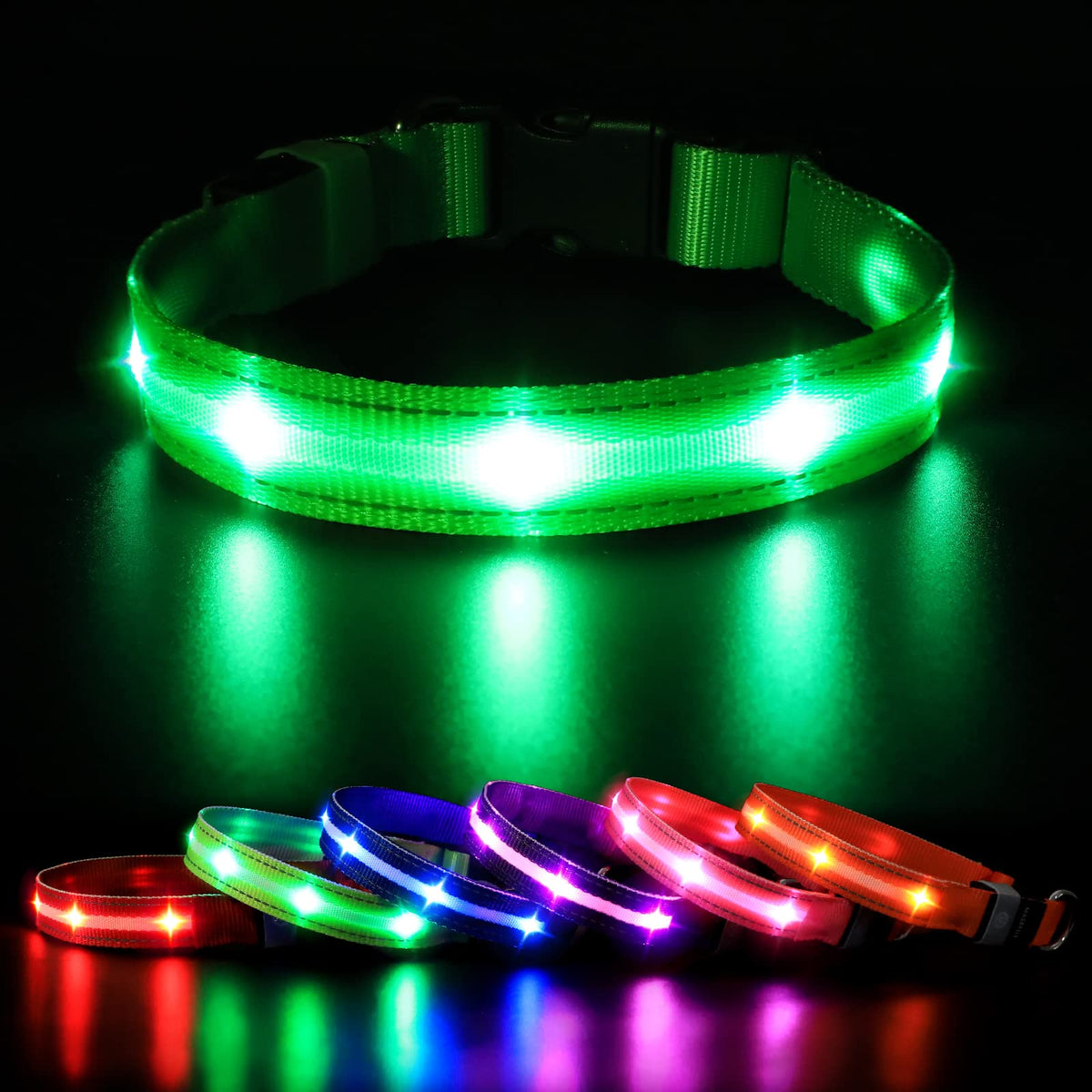 MASBRILL Light Up Dog Collar, Dog Collar Light for the Dark, Rechargeable LED Dog Collar Waterproof 3 Glowing Modes, Adjustable Flashing Dog Collar for Small Medium Large Dogs Night Walking, Green M