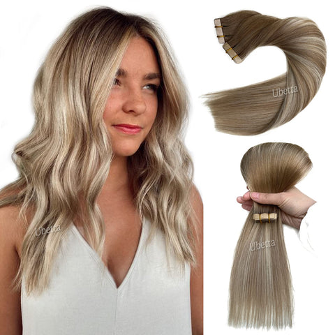 Tape in Hair Extensions Human Hair,Dark Blonde Balayage Hair Extensions Real Human Hair Tape ins Extensions for Women, 20 Pcs Invisible Double Sided Tape in Hair Extensions Human Hair 16 Inch
