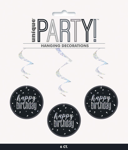 Unique 83780 Black Prismatic Birthday Hanging Decorations,32" 6 Pcs, Happy