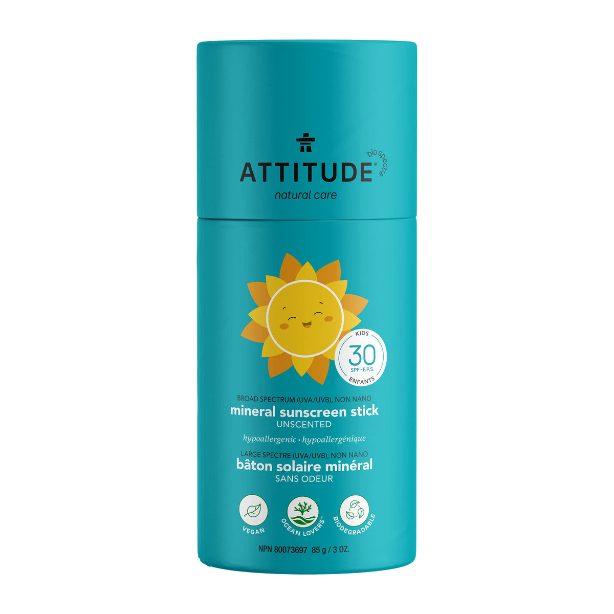 ATTITUDE Sunscreen Stick, Broad Spectrum UVA/UVB, Plant and Mineral-Based Ingredients, Vegan and Cruelty-free Sun Care Products, Body, SPF 30, Unscented, 3 Ounces