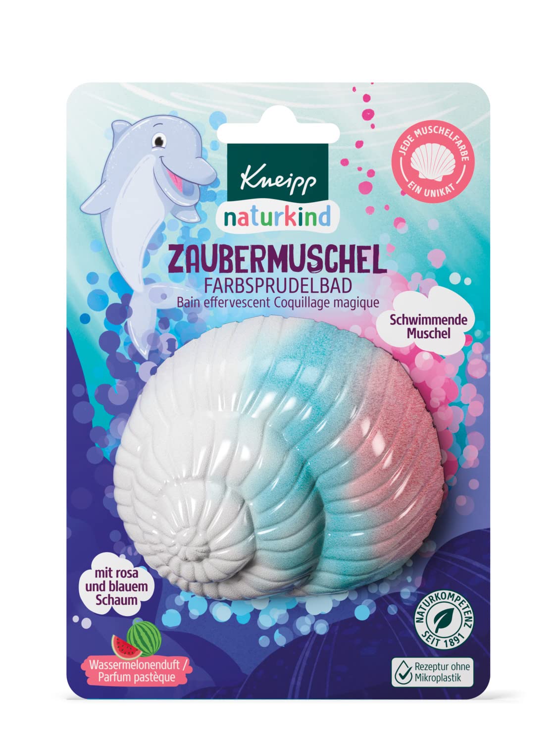 Kneipp Naturkind Colour Bubble Bath Magic Shell Bath Additive with Valuable Grape Seed and Avocado Oil Floating Shell with Watermelon Fragrance for Magical Fun in The Bath - Pack of 1