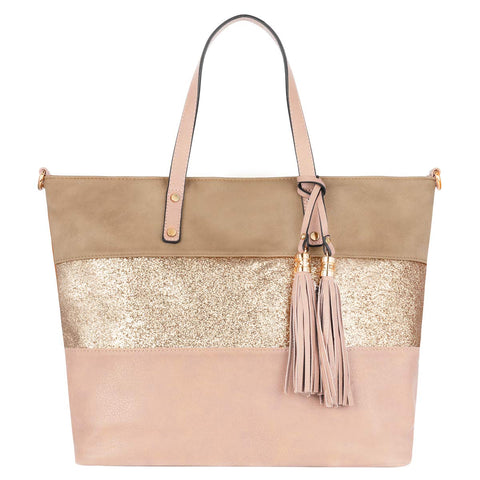 CRAZYCHIC - Women's Stripes Glitter Handbag - Tote Bag Shopper Soft PU Leather - Multicolor Shoulder Crossbody Bags - Large Capacity Work School Beach Shopping - Pink