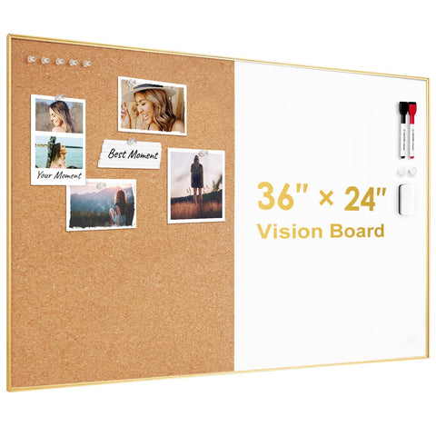 ARCOBIS Cork Board White Board Combo, 36 x 24 Inch Bulletin Board-Gold Frame, Magnetic Dry Erase Board & Corkboard for Wall, Vision Board for Home, Office, School
