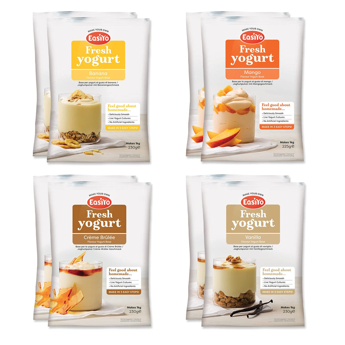 EasiYo Yogurt 8 Sachet Pack | EasiYo Everyday Mixed Pack | 2 x Banana 2 x Mango 2 x CrÃƒÆ’Ã†â€™Ãƒâ€šÃ‚Â¨me BrÃƒÆ’Ã†â€™Ãƒâ€šÃ‚Â»lÃƒÆ’Ã†â€™Ãƒâ€šÃ‚Â©e 2 x Vanilla | Each Sachet Makes 1kg of Yogurt
