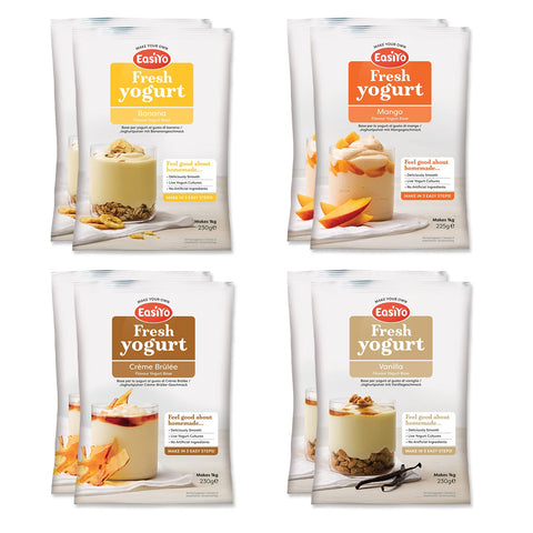 EasiYo Yogurt 8 Sachet Pack | EasiYo Everyday Mixed Pack | 2 x Banana 2 x Mango 2 x CrÃƒÆ’Ã†â€™Ãƒâ€šÃ‚Â¨me BrÃƒÆ’Ã†â€™Ãƒâ€šÃ‚Â»lÃƒÆ’Ã†â€™Ãƒâ€šÃ‚Â©e 2 x Vanilla | Each Sachet Makes 1kg of Yogurt