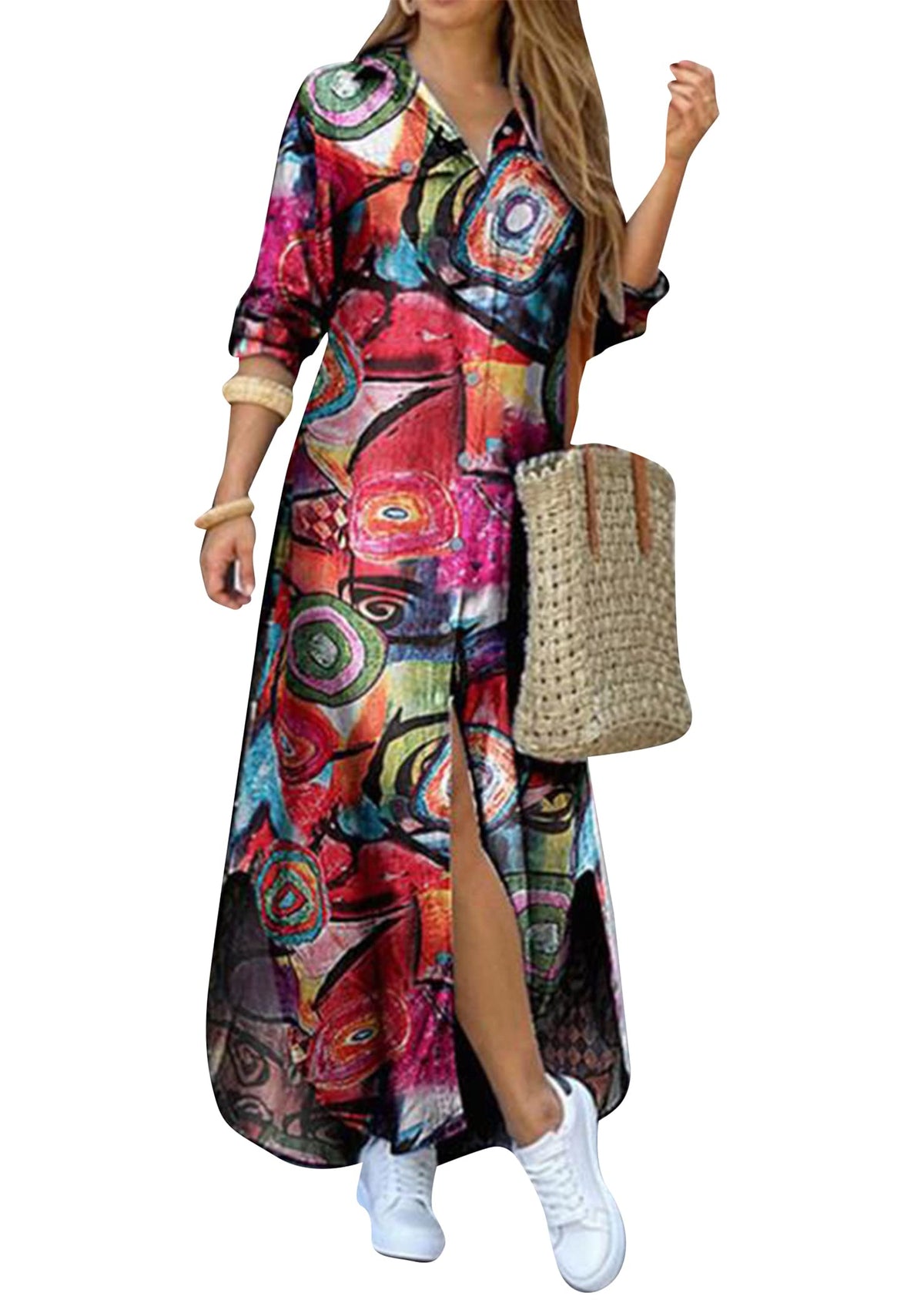 OMZIN Women Button Down Sleeve Shirt Dress Floral Print Long Dress Casual Loose Dress, Graffiti Red, L