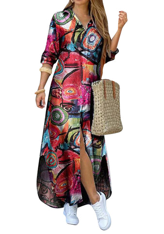 OMZIN Women Button Down Sleeve Shirt Dress Floral Print Long Dress Casual Loose Dress, Graffiti Red, L