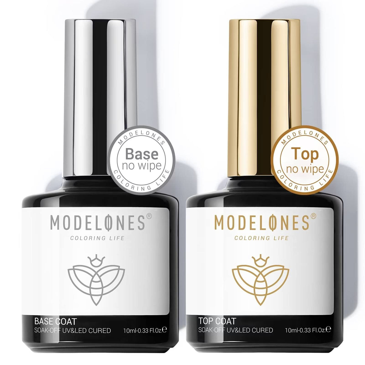 Modelones Gel Top Coat and Base Coat, 2Pcs 10ml Gel Nail Polish No Wipe Top and Base Coat Set, Glossy Shine Long Lasting LED Soak Off For Home DIY and Nail Salon