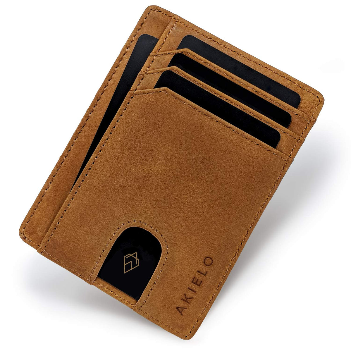 AKIELO RFID Blocking Credit Card Holder and Gift Box - Ultra Slim Wallet for Men - Minimalist Card Wallet (Bravo - Tan Edition)