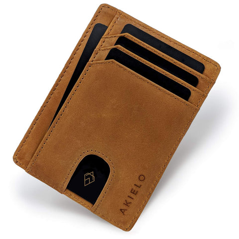 AKIELO RFID Blocking Credit Card Holder and Gift Box - Ultra Slim Wallet for Men - Minimalist Card Wallet (Bravo - Tan Edition)