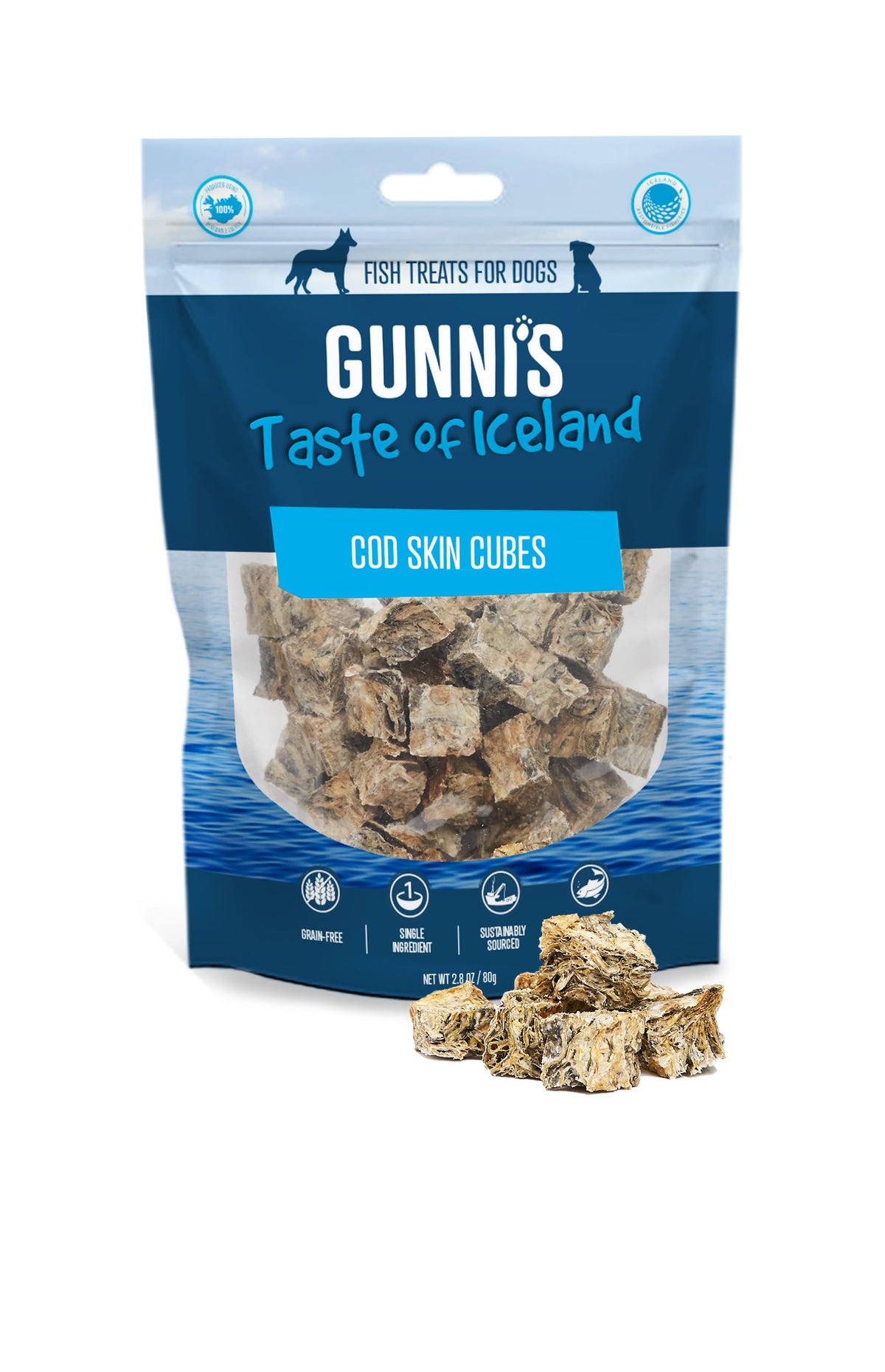 Gunnis Fish Treats For Dogs - 100% Icelandic Cod Fish Skin Cubes. Dried Fish Skin Natural Dog Treats. Grain, Gluten & Lactose-Free Hypoallergenic Sustainably Sourced. No Additives Or Fillers. 80g