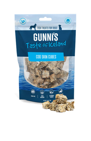 Gunnis Fish Treats For Dogs - 100% Icelandic Cod Fish Skin Cubes. Dried Fish Skin Natural Dog Treats. Grain, Gluten & Lactose-Free Hypoallergenic Sustainably Sourced. No Additives Or Fillers. 80g