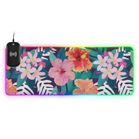 Flowers Palm Leaves Wireless Charging Mouse Pad for Mobile Phone Extra Large Gaming Mousepad with 13 Lighting Modes Keyboard Mat for Office Home Gaming MacBook PC Laptop Desk