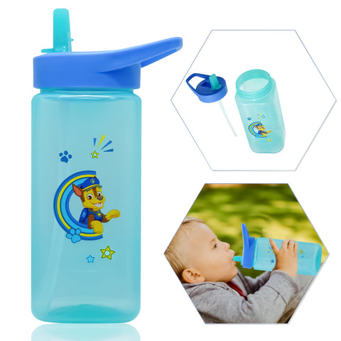 HOVUK Paw Patrol Chase Printed Straw Sippers, Blue Plastic Water Bottle with Silicone Pop-Up Straw, 420ml BPA-Free for Kids 6+ months