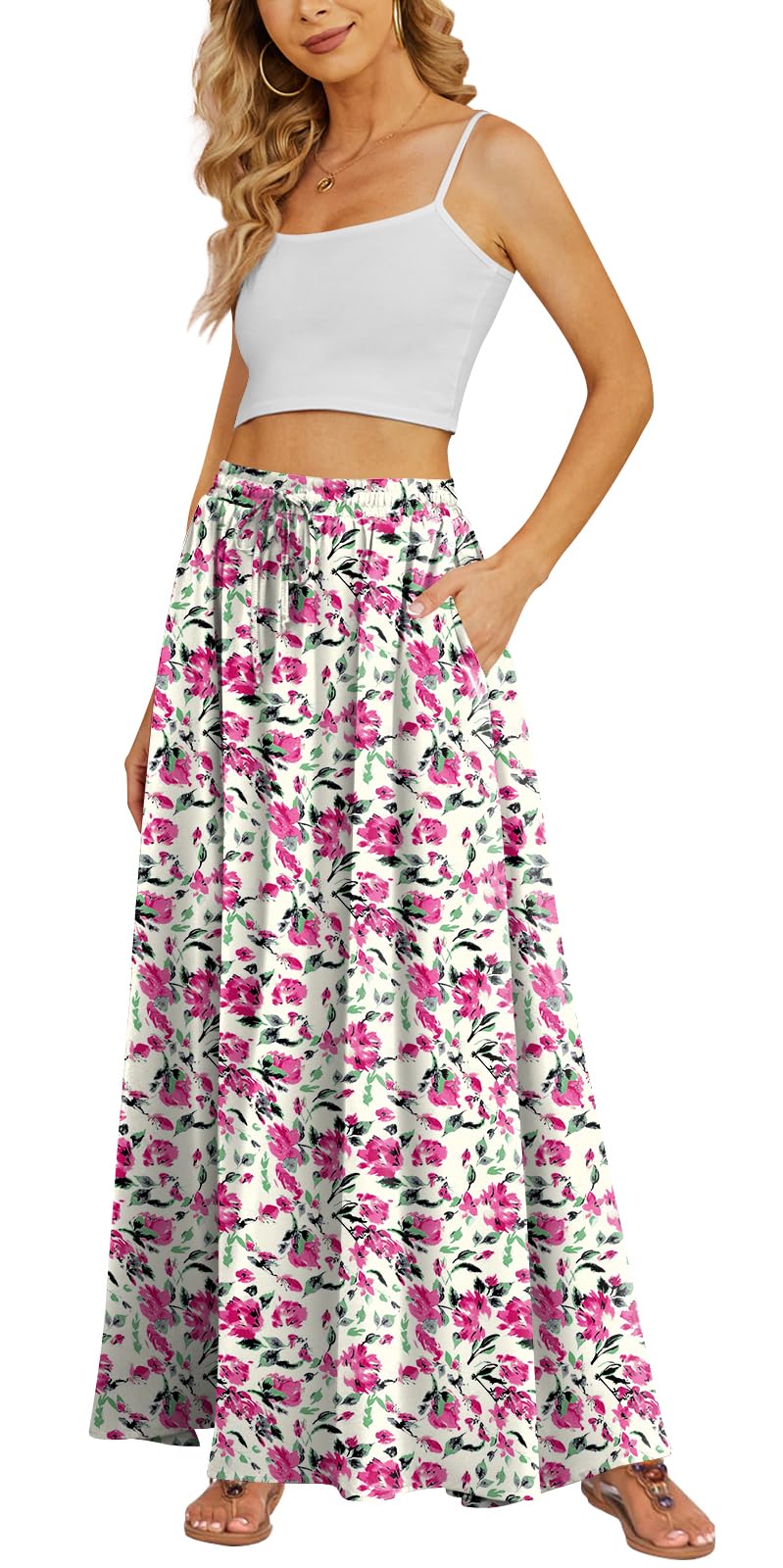 Yincro Women's Flowy Maxi Skirt Summer Pleated High Waisted Casual Long Skirts with Pockets (Hot Pink Flowers, XL)