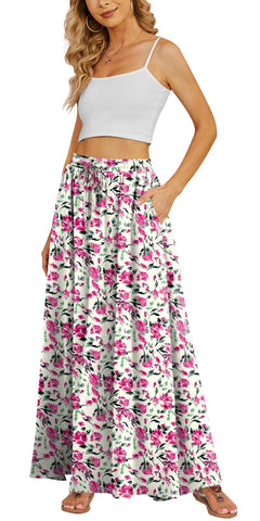 Yincro Women's Flowy Maxi Skirt Summer Pleated High Waisted Casual Long Skirts with Pockets (Hot Pink Flowers, XL)