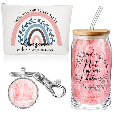 Yaomiao 3 Pcs Not A Day Over Fabulous Gifts for Women Birthday Gifts for Women 16 oz Glass Cup with Lid and Straw Rainbow Makeup Bag Keychain Birthday Gift Ideas for Mom Friend Coworker Nurse Female