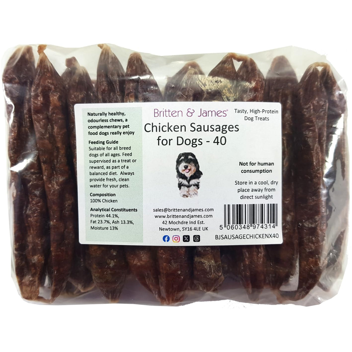 Britten and James 40 Premium Air Dried Chicken Sausages for Dogs (11cm length). 100% Natural and Healthy High Protein Treat - Grain Free, Hypoallergenic and Odourless