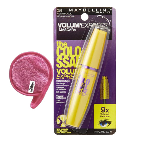 Mascara Waterproof, Volumizing & Lengthening, The Colossal Mascara, Glam Black - Bundle with Moofin Makeup Cleansing Cloth, Water-Resistant, Coconut Oil Enriched, Easy Wash [1-Pack]