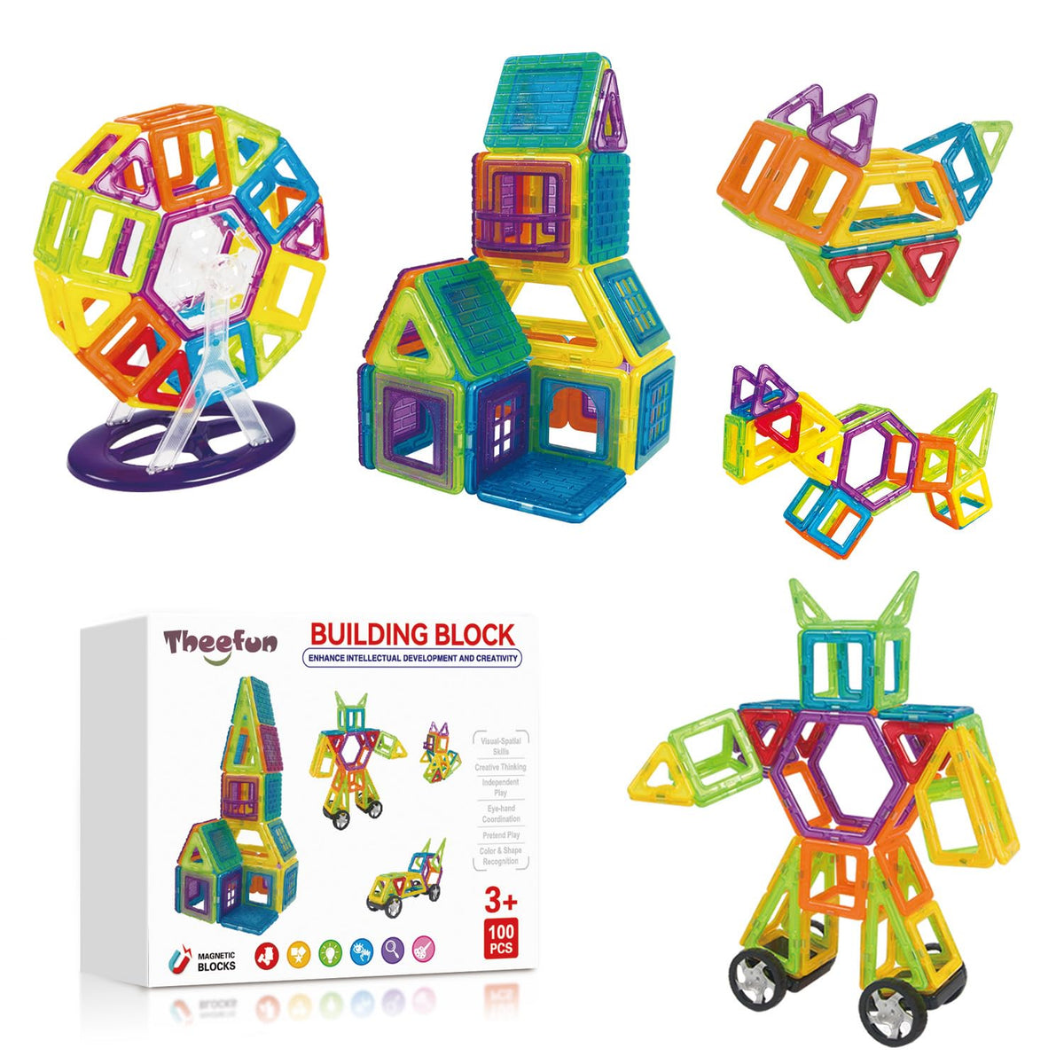 Magnetic Building Blocks, Theefun 100Pcs Magnetic Tiles Shape Toys for 3 4 5 6 7 Year Old Boys Girls, Magnet Clear 3D Building Blocks Set Learning Educational Toy Birthday Gifts for Kids