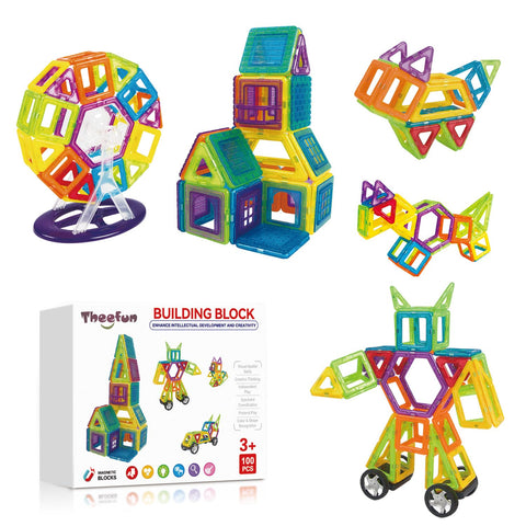 Magnetic Building Blocks, Theefun 100Pcs Magnetic Tiles Shape Toys for 3 4 5 6 7 Year Old Boys Girls, Magnet Clear 3D Building Blocks Set Learning Educational Toy Birthday Gifts for Kids