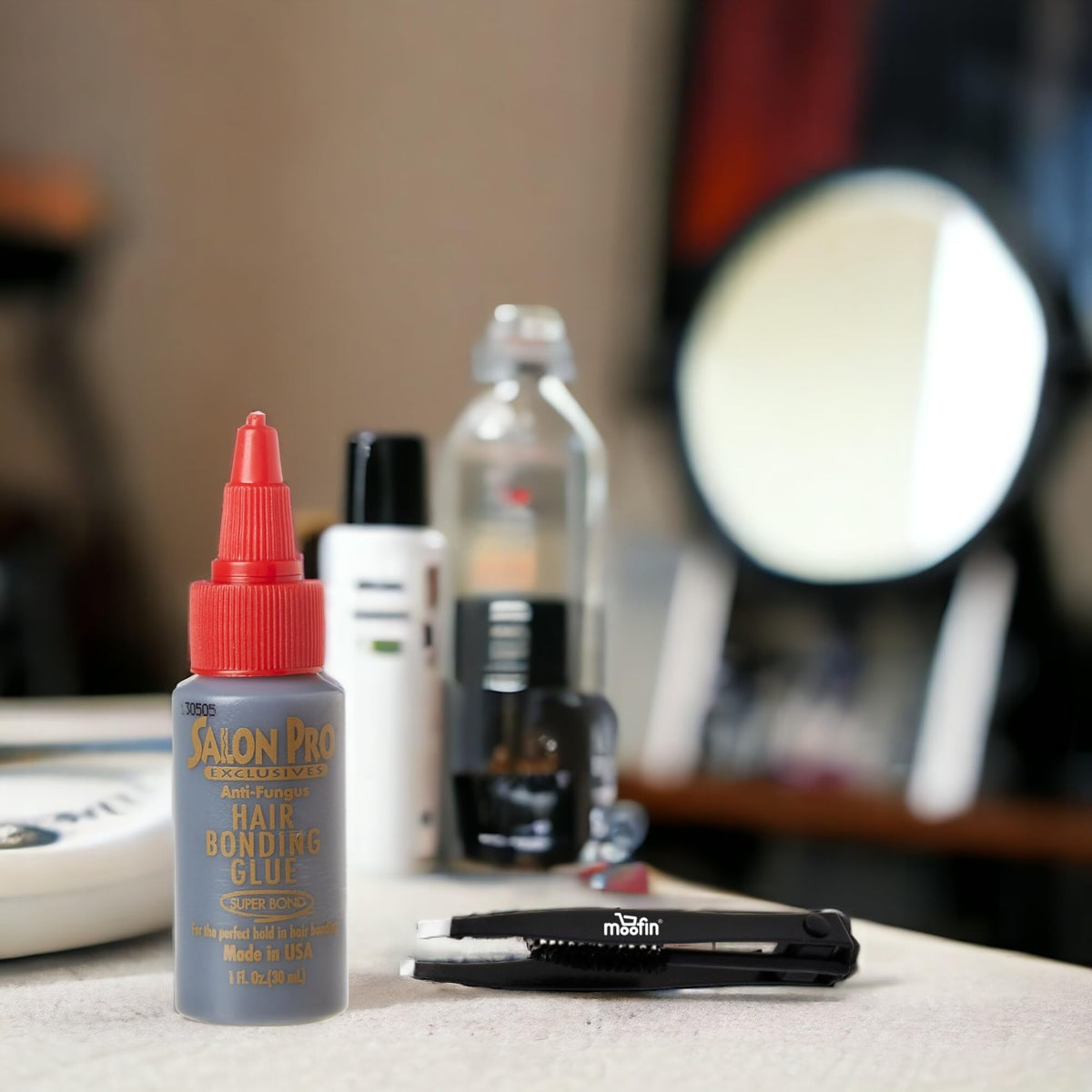 Hair Bonding Glue, 1 Fl Oz - Durable & Secure Hair Glue for Extensions with Moofin Eyebrow Tweezers - Suitable for All Hair Types - Black (Pack of 2)