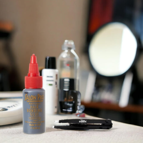 Hair Bonding Glue, 1 Fl Oz - Durable & Secure Hair Glue for Extensions with Moofin Eyebrow Tweezers - Suitable for All Hair Types - Black (Pack of 2)