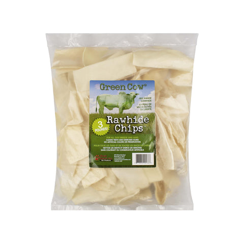 GreenCow Rawhide Chips 3-Pound Bag - Premium Large Dog Rawhide Chews - Ideal for Agressive Chewers Dog Rawhide Treats - Durable Rawhide Bones for Large Dogs