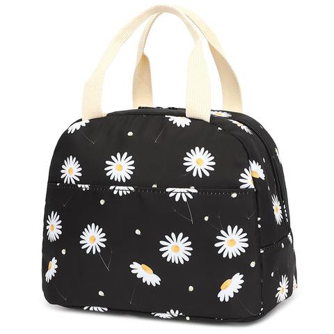 Flowers Lunch Bag for Women Girls, Insulated Lunch Tote Bags Reusable Lunch Box for Kids Adults School Work Picnic Travel (Daisy Black)