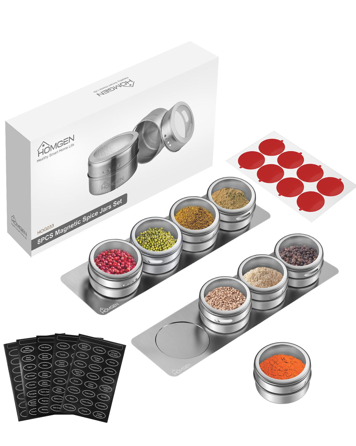 HOMGEN 8 Pack Magnetic Spice Jars Set Stainless Steel Magnetic Spice Containers 100ml/3.4oz Magnetic Spice Jars for Fridge BBQ Magnet Spice Tins Set Magnetic Spice Pots with Lids for Kitchen