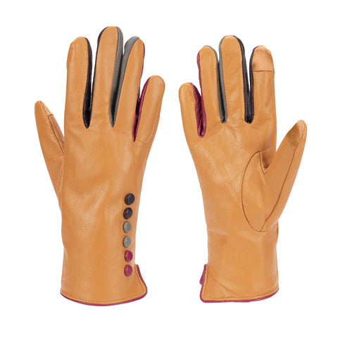 Vera Tucci TIFFANY G01 Leather Multi Colour Button & Fingers Glove (SM, MUSTARD)