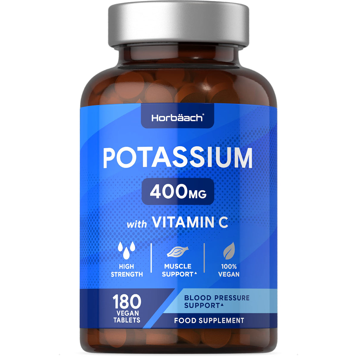 Potassium Supplement 400mg with Vitamin C | 180 Vegan Tablets | Potassium Chloride for Normal Blood Pressure & Muscle Support | No Artificial Preservatives | by Horbaach
