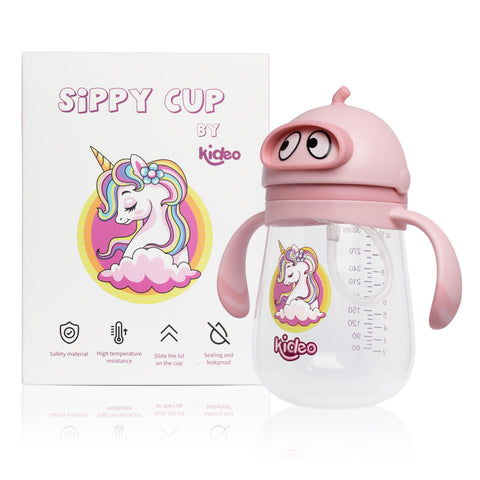 Kideo Sippy Cup for Toddlers, 100% Leak Proof, Baby Bottle, PP Drinking Bottle, 240ml, BPA Free, Kids Friendly, London Design (Pink, Rainbow Unicorn)
