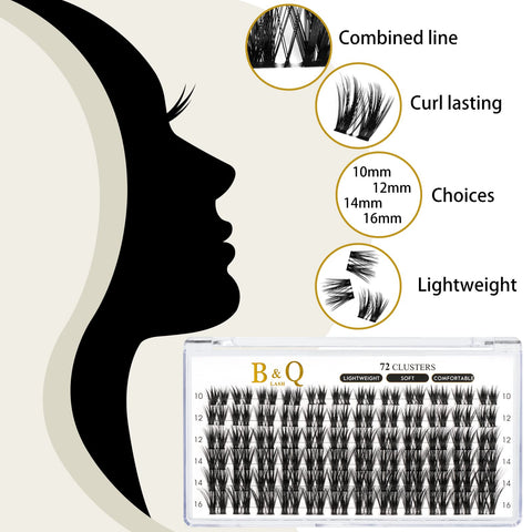 Lash Clusters B50 D Curl 16mm DIY Eyelash Extensions 72 Clusters Lashes B&Q Eyelash Clusters Wispy Volume Cluster Eyelash Extensions Individual Lashes Cluster DIY at Home (B50,D-16mm)