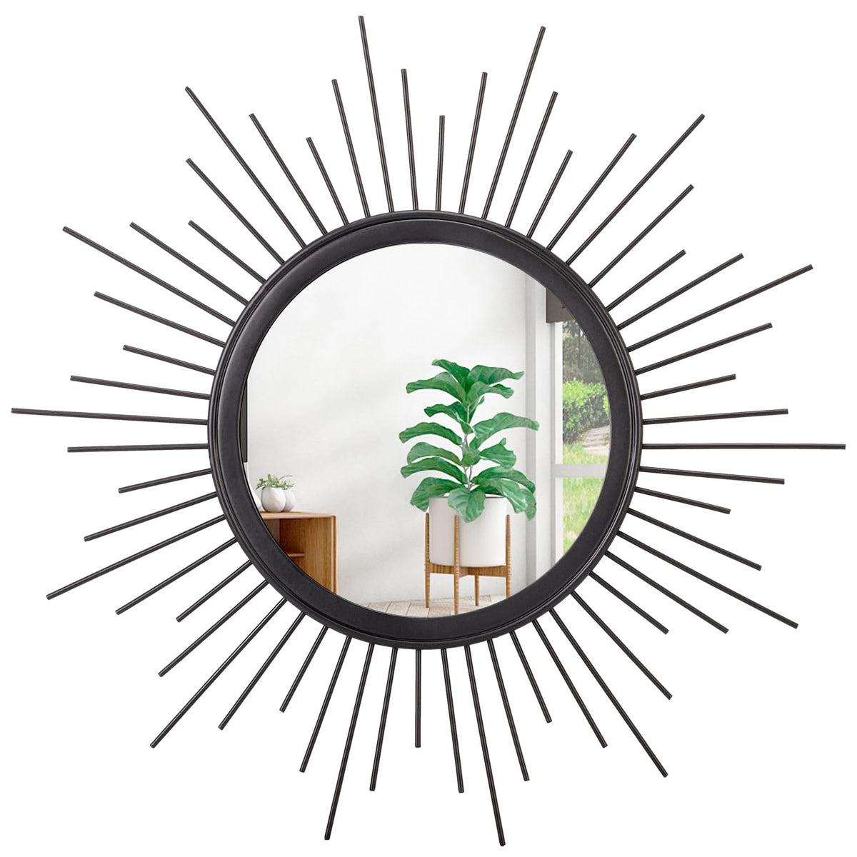 HLFMVWE Large Sunburst Wall Mirror Boho Home Decor Round Wall Art Mirror Modern Metal Hanging Mirror Bathroom Bedroom hallway balcony Vanity Living room Entryway Black 50 x 50 cm