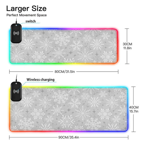 Grey Snowflake Wireless Charging Mouse Pad for Mobile Phone Extra Large Gaming Mousepad with 13 Lighting Modes Computer Mat for Gaming MacBook PC Laptop Desk Office Home