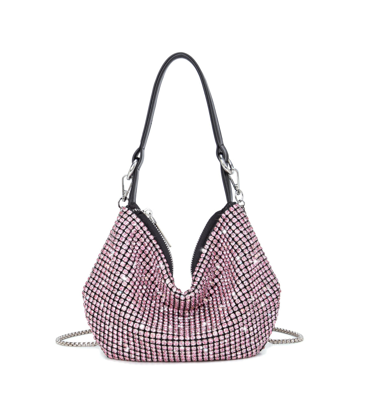 Sweetovo Sparkly Crystal Rhinestone Purse for Women Upgrade Evening Bag Hobo Crossbody Bag Silver Diamond Handbag with Long Chain for Party Porm Wedding