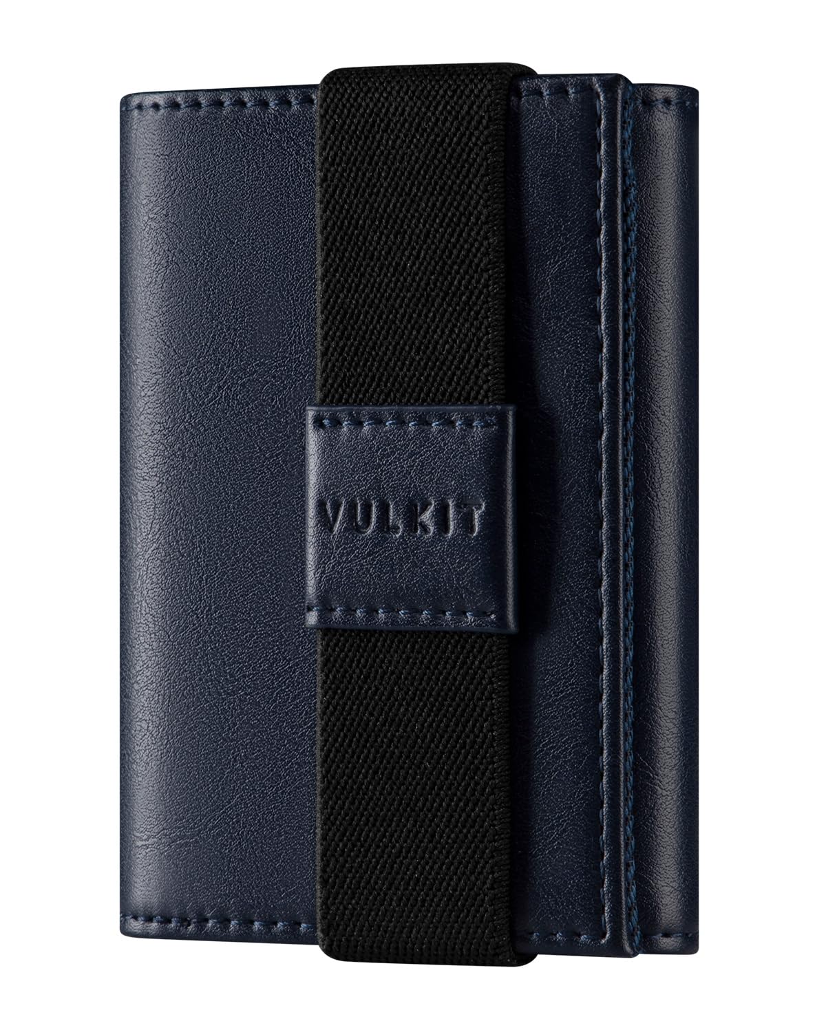 VULKIT Minimalist Leather Rfid Blocking Trifold Wallet with Elastic Band Credit Card Holder with 4 ID windows & Zipper Pocket for Men (Blue)