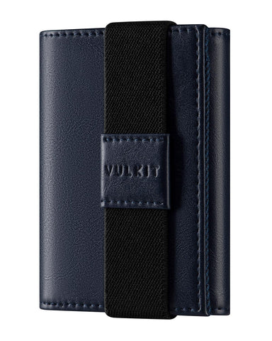 VULKIT Minimalist Leather Rfid Blocking Trifold Wallet with Elastic Band Credit Card Holder with 4 ID windows & Zipper Pocket for Men (Blue)
