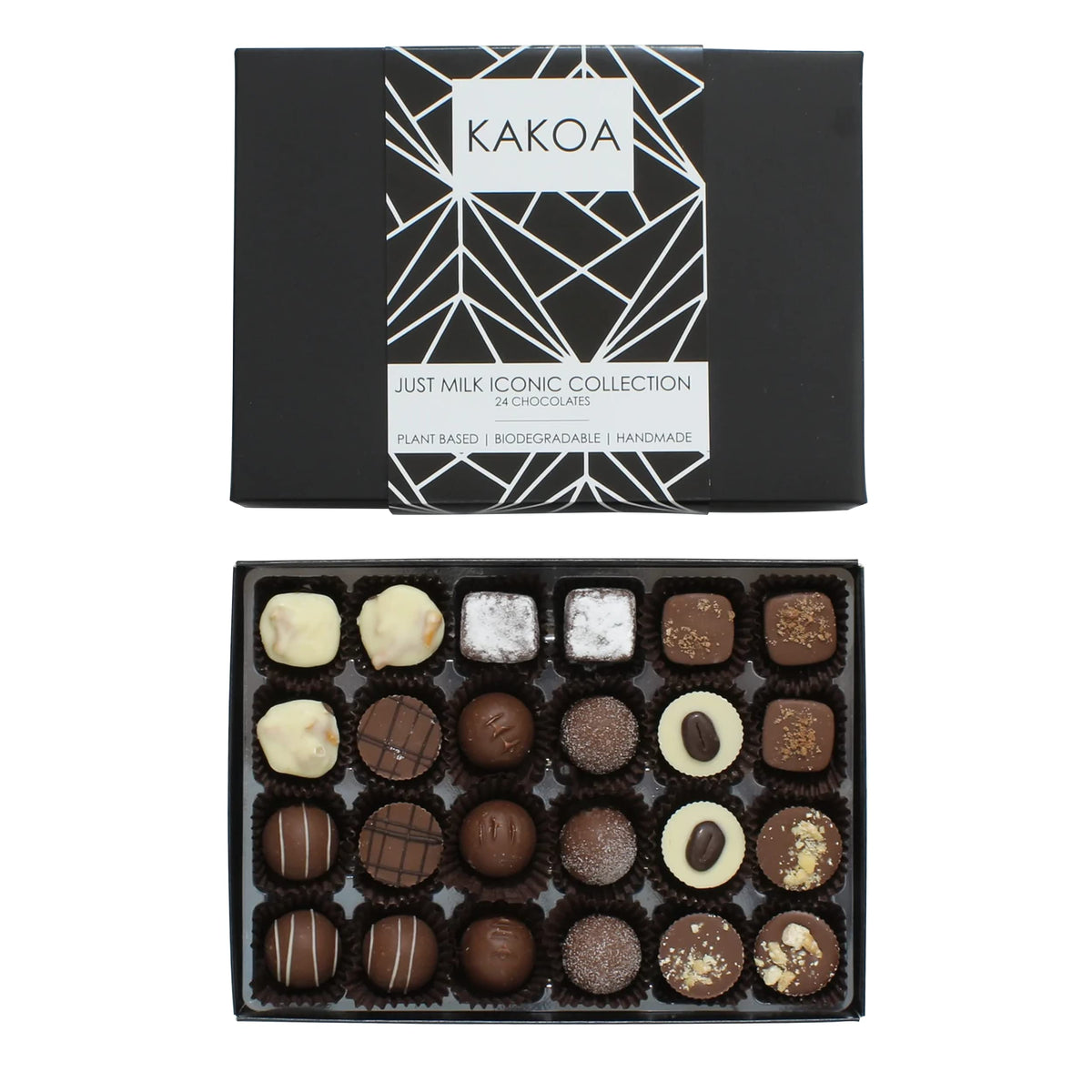 Kakoa Vegan Chocolate Selection Box - 24 Milk Chocs | Brownie, Coffee, Caramel, Liqueur etc | Plant Based Luxury Chocolates For Special Occasions | Gifts for Vegans, Vegetarian, Dairy Free Diets