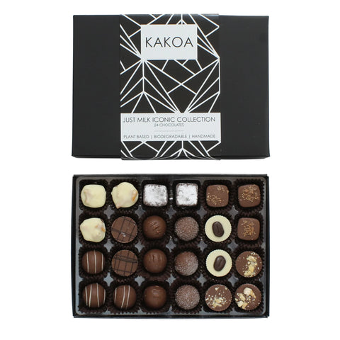 Kakoa Vegan Chocolate Selection Box - 24 Milk Chocs | Brownie, Coffee, Caramel, Liqueur etc | Plant Based Luxury Chocolates For Special Occasions | Gifts for Vegans, Vegetarian, Dairy Free Diets