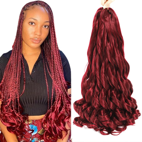 French Curly Braiding Hair 24 Inch 8 Packs Burgundy Color - Pre Stretched Bouncy Braiding Hair- Loose Wavy Braiding Hair Synthetic Hair Extensions For Black Women (24 inch 8 packs, Burgundy)