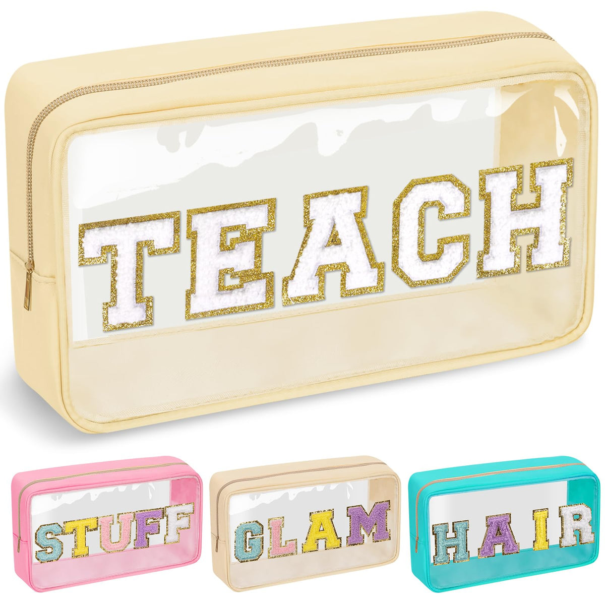 izuzta Preppy Patch Chenille Letter Clear Makeup Bags Mama Baby Pouch with Zipper Transparent PVC Waterproof Glitter Travel Toiletry Storage for Women Girls, TEACH-Beige