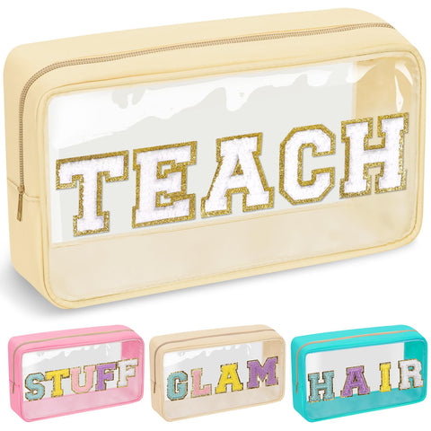 izuzta Preppy Patch Chenille Letter Clear Makeup Bags Mama Baby Pouch with Zipper Transparent PVC Waterproof Glitter Travel Toiletry Storage for Women Girls, TEACH-Beige