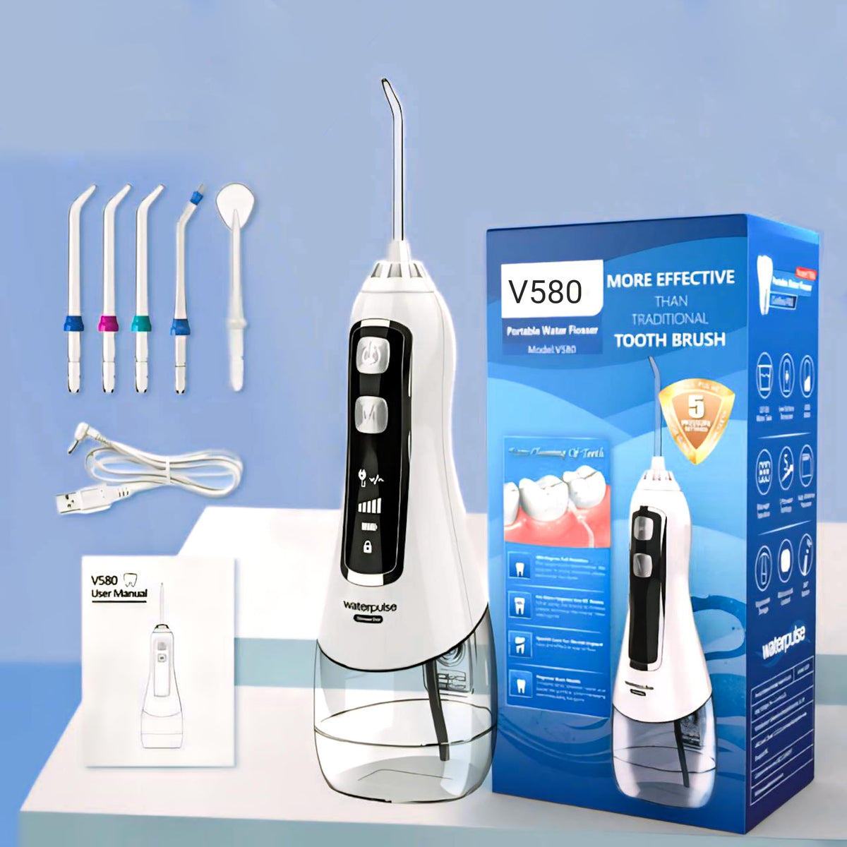 Generic Water Flosser Teeth Pick, V580 6 Modes 320ML Rechargeable Portable Water Flosser Cordless Water Jet Teeth Cleaner., White